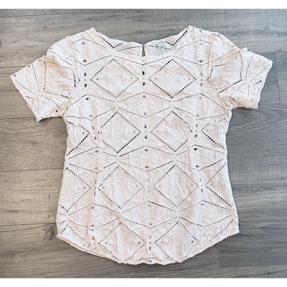 J Crew Blush Pink Eyelet Lace Top Scalloped S Cottagecore Coquette Romantic Tee